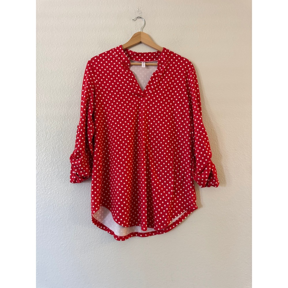 Halife Polka Dot Blouse 3/4 Roll Tab Sleeve V-Neck Top Sz M Red White Excellent
